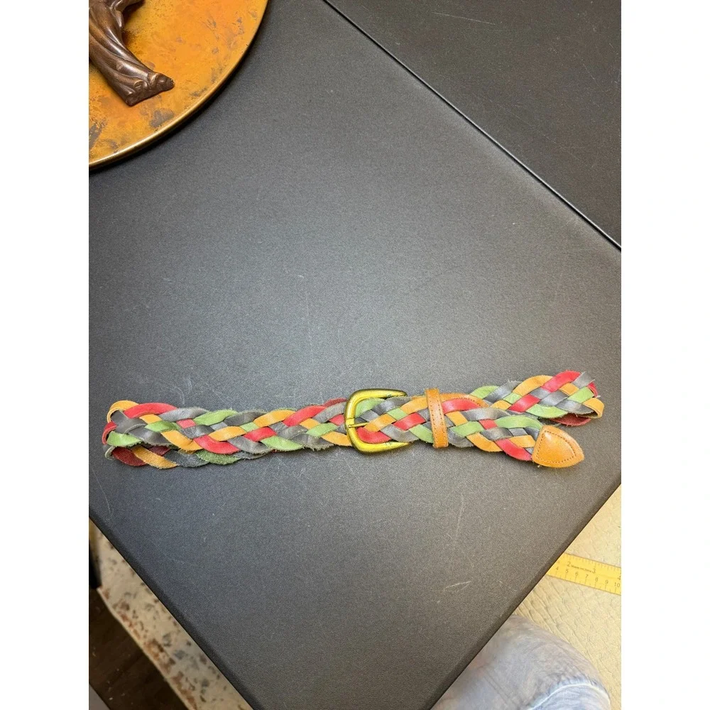 Vintage Braided Leather Belt Womens‎ Small Multicolor Woven Boho Made in USA